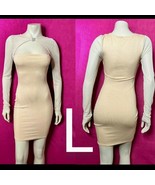 Nude Mesh Sleeve Detail Dress with Diamond Brooch Ribbed Bodycon Dress  ... - $22.44