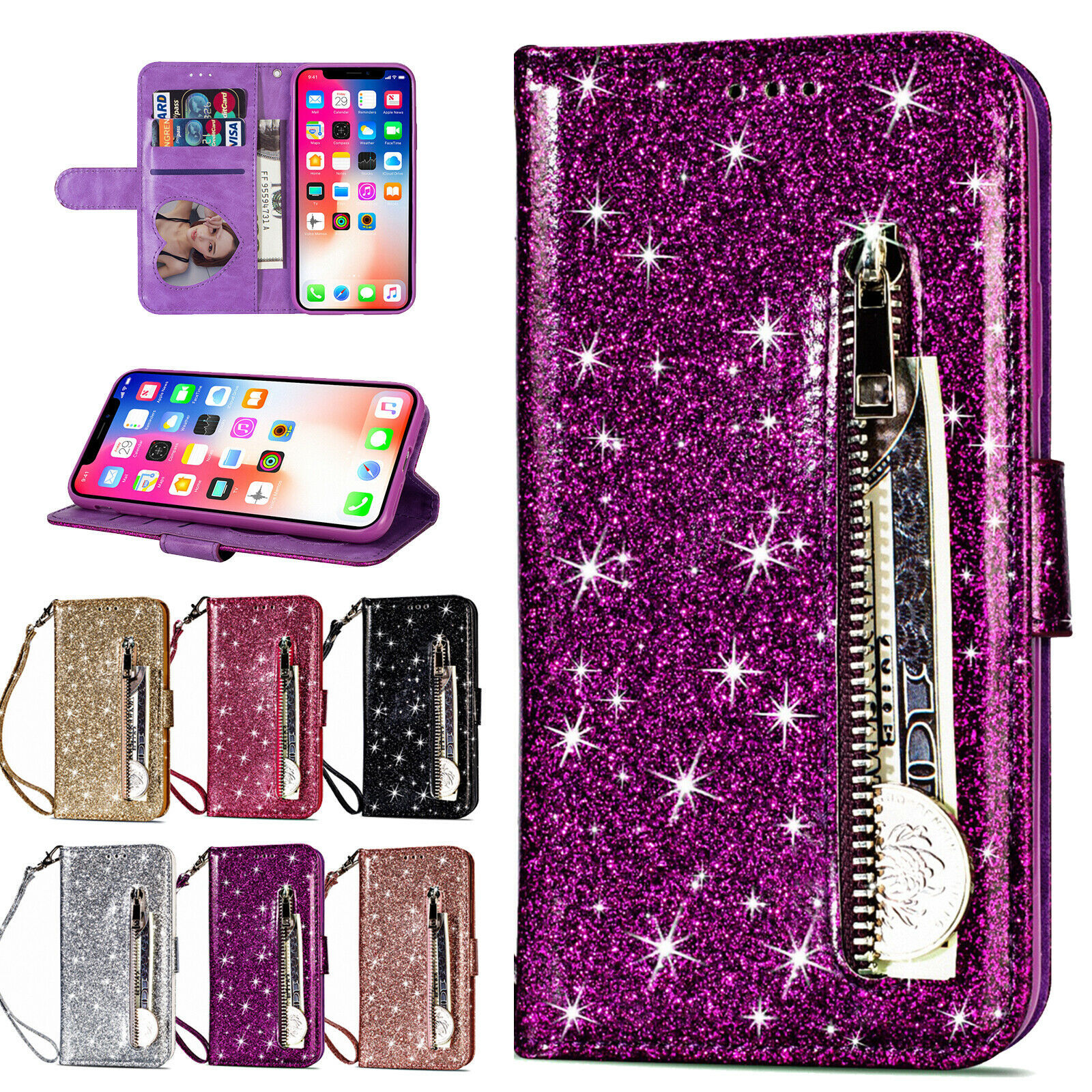 Fr iPhone XS Max/XR/XS Leather Glitter Bling Zipper Wallet Stand Flip Case Cover