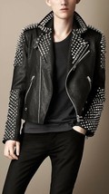 Men Genuine Leather Black Color Brando Biker Full Silver Studded Handmade Jacket - £214.52 GBP