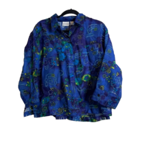 Chicos Sz 2 Large Linen Top Asian Art to Wear Button Up Shirt Blue Flora... - £18.18 GBP