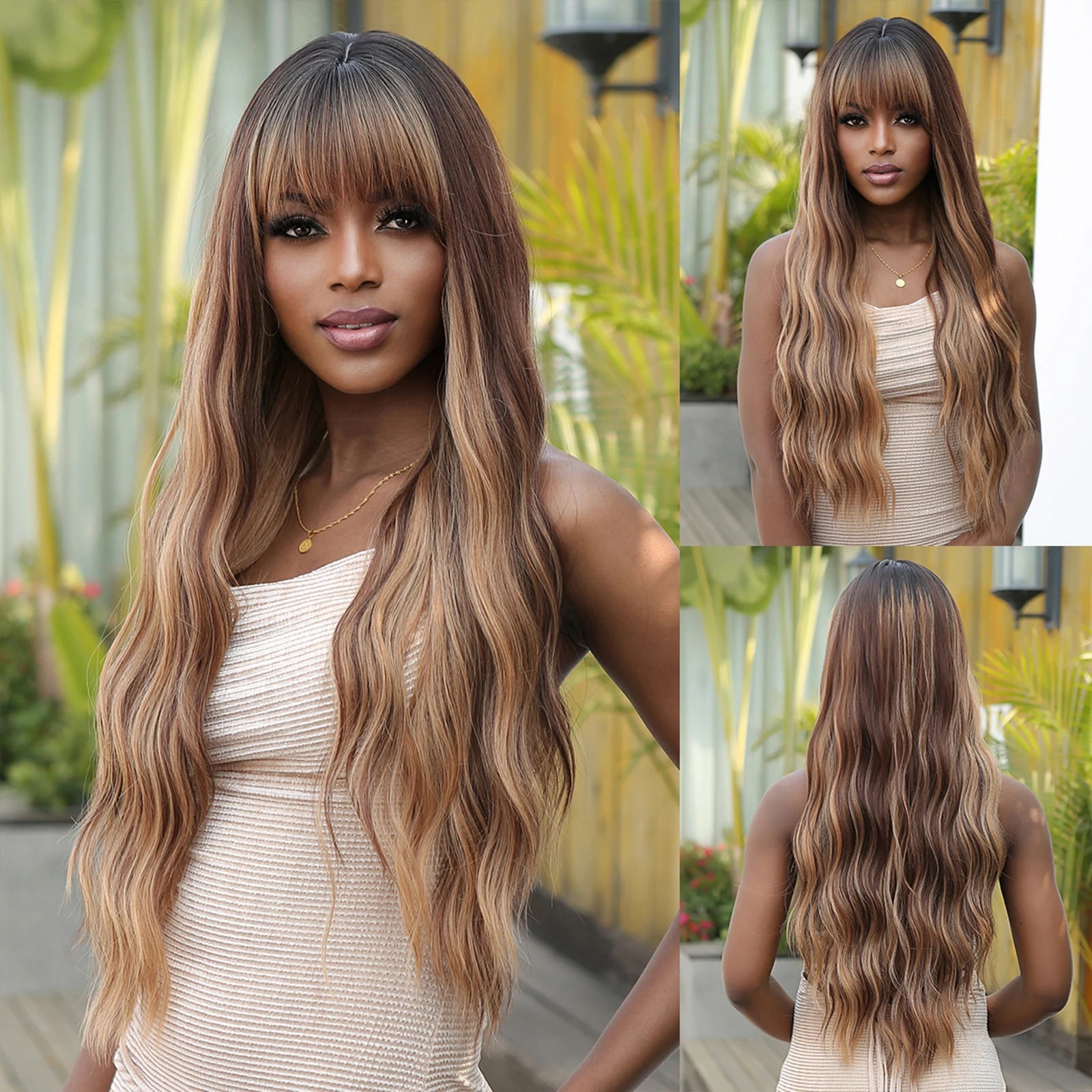 Synthetic Hair Long Wavy Wigs Honey Brown Highlight Wig with Bangs Brown Curly - £21.06 GBP+