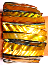 Vtg Mother Of Pearl Abalone Shell Stretch Cuff Bracelet Gold Brown Tones 1.5&quot; W - £25.40 GBP