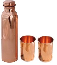 Pure Copper 1 Litre Water Bottle with 2 Copper Glass Drinkware Gift Set 1000 ML - £27.07 GBP