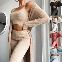 3Pcs Womens Clothing Fashion Solid Fluffy Plain Crop &amp; Skinny Pants &amp; Longline - £36.53 GBP