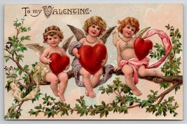 Valentine Darling Cherubs on Tree Branch With Hearts Gilded PFB Postcard N28 - £14.92 GBP