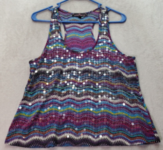 Almost Famous Crop Tank Top Women&#39;s Large Purple Multi Striped Sequin Round Neck - £11.10 GBP