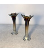 Imperial Carnival Glass Morning Glory Iridescent Smoke Bud Vases Early 1... - $48.79 CAD