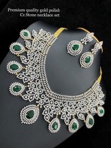 Bollywood Style Indian Gold Plated CZ AD Necklace Earrings Emerald Jewelry Set - £209.43 GBP