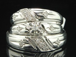 Mens Ladies White Gold Over .15 Ct Diamond Engagement Ring Wedding Band Trio Set - £107.42 GBP