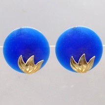 Vintage Blue Moonglow Lucite Earrings with Gold Tone Leaves Overlay, Dimensional - £31.03 GBP
