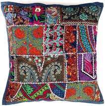 Handmade Patchwork Cushion Pillow, Sari Patch Indian Ethnic Embroidered (D Blue) - £7.63 GBP