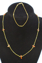 Beautiful Vintage Artisan Gold Plate Bead And Bamboo Coral Necklace Brac... - $49.49