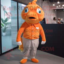 Orange Goldfish mascot costume character dressed with a Button-Up Shirt and Earr - $1,339.00