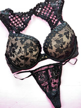 Nwt Victoria&#39;s Secret 32D Reggiseno Set S Tanga Beige Nero Rete Floreale Ricamo - £66.46 GBP