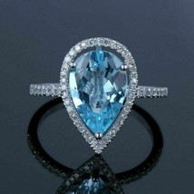 3.95Ct Pear Cut Halo Diamonds Blue Topaz Engagement Ring 14 Kt Yellow Gold Over - £93.94 GBP