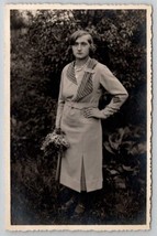 RPPC Pretty Young Lady with Bouquet of Flowers in Garden c1940 Postcard D24 - £10.96 GBP
