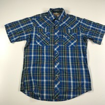 Wrangler Western Shirt Mens M Blue Gray Plaid Pearl Snaps Short Sleeve Rodeo - £17.64 GBP