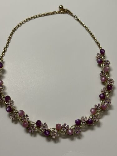 Primary image for Vintage Purple Pink Moonglow Enamel Floral Necklace Gold Tone 18 Inch