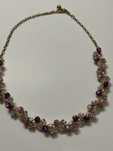 Vintage Purple Pink Moonglow Enamel Floral Necklace Gold Tone 18 Inch - £29.40 GBP