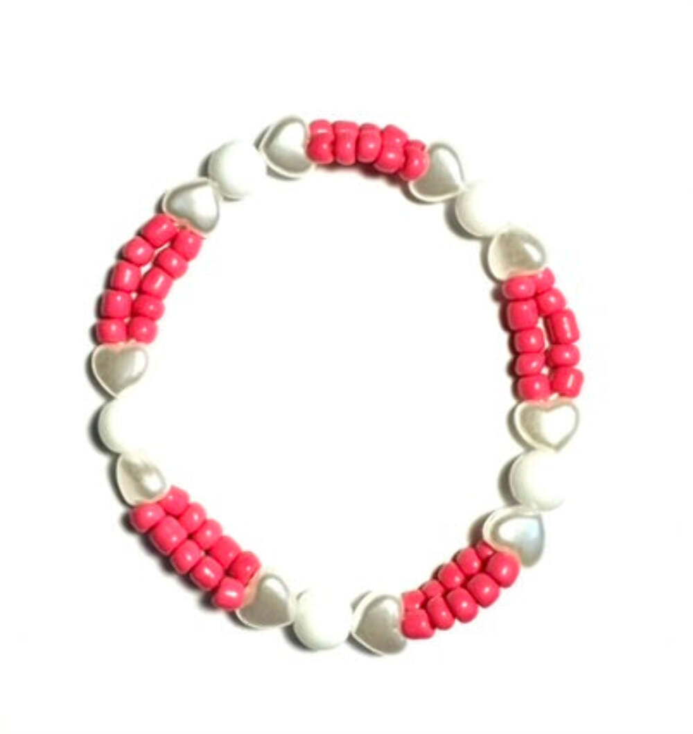 Pink and White Heart Beaded Stretchy Bracelet - $8.54