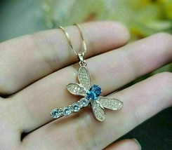 2Ct Oval Cut Blue Topaz Dragonfly Pendant 14K Yellow Gold Finish 18&quot; Free Chain - £95.92 GBP