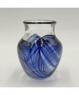 Josh Simpson Studio Art Glass New Mexico Vase Blue Cobalt Swirl 4” Rare ... - $135.00