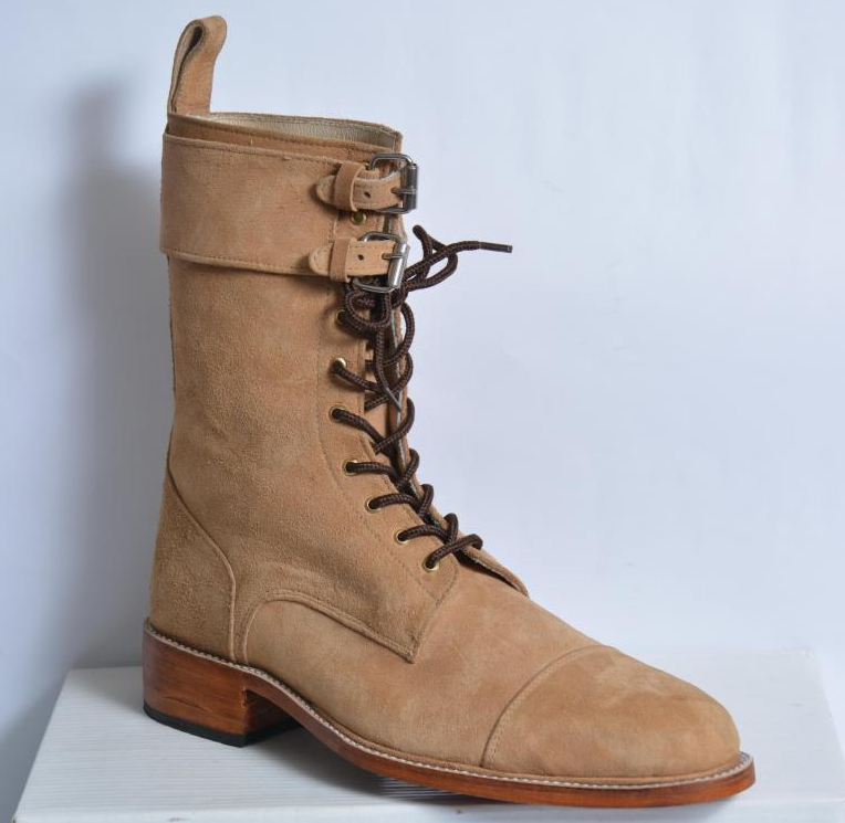 Men Beige Suede High Ankle Monk Double Buckle Strap Lace Up Leather Boot US 7-16