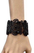 1.7/8&quot; W Vintage Inspired Black Rhinestones Stretchable Filigree Bracelet Goth - £11.77 GBP