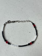 Thin Red White &amp; Black Tiny Plastic Bead Silvertone Bracelet – 7 inches ... - £8.88 GBP