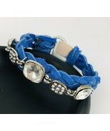 Braided Blue Leather Laces Rhinestone Silver Button Clasp Bracelet  - $458.41 MXN