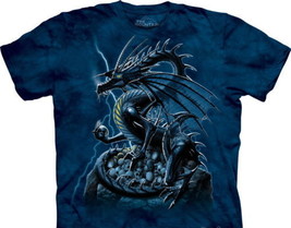 Skull Dragon Over Skulls Fantasy Hand Dyed Blue Adult T-Shirt, NEW UNWORN - £11.58 GBP