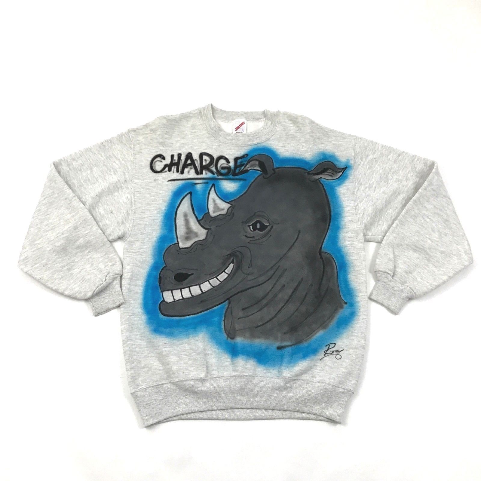 VINTAGE Jerzees Crewneck Sweatshirt Size L Adult Gray Heather Airbrushed Rhino - $31.77