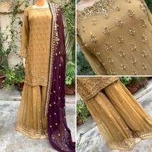 Pakistani Mustard  Straight Style Embroidered Sequins Chiffon Gharara Dress,M - £99.35 GBP