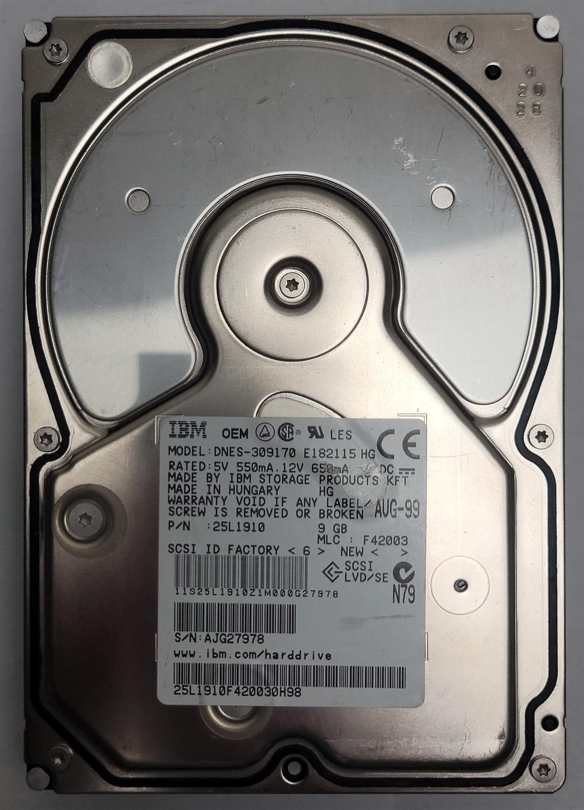 IBM DNES-309170-E182115HG HDD, 9 GB, SCSI , 3.5&quot;- Tested w/pics - $48.97
