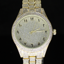 Men&#39;s Big Face Arabic Num 2 Row Bezel 44mm CZ Gold Plated Quartz Watch Jewelry - £23.60 GBP