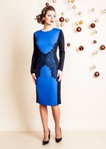 Europ EAN Party Dress Long Sleeve Royal Blue Stretch Cocktail Dress Lace Decor - £85.71 GBP