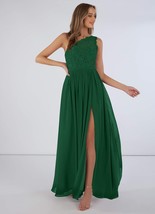 AZAZIE DEMI A-Line One Shoulder Chiffon Floor-Length Dress Dark Green - £55.81 GBP