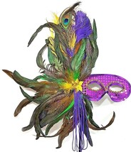 Mardi Gras Delux Hand Held Mask Purple Blue Green Feathered W/Embellishments NEW - £20.91 GBP