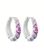 S925 Sterling Silver Hoop Earrings Inlaid Pink &amp; Purple zirconia Oval - £10.20 GBP