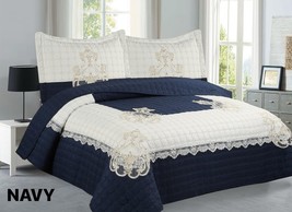 JUANA FLOWERS NAVY BLUE COLOR EMBROIDERY BEDSPREAD SET 3PCS CALIFORNIA K... - $61.12