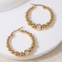 Rhinestone Engraved Golden Balls Hoop Women Huggie Earrings - £6.00 GBP