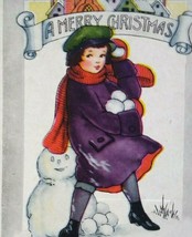 Christmas Postcard Girl Making Snowman Whitney Vintage Antique Original Unused - £14.39 GBP