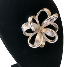 Vintage Open Work Ribbon Brooch Pin Faux Pearl Flower Silver Tone Brushed Large  - £15.81 GBP