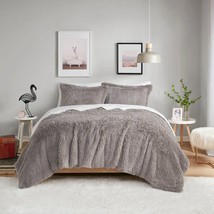Full/Queen size Grey Reversible Soft Sherpa Faux Fur 3-Piece Comforter Set - £116.96 GBP