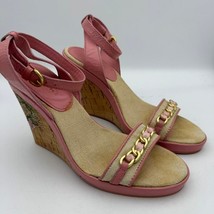 Coach Pink Canvas Leather Wedge Sandals 4.5&quot; Heel Chain Detail Size 8.5 - $58.00
