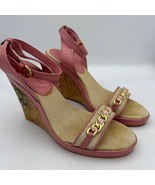 Coach Pink Canvas Leather Wedge Sandals 4.5&quot; Heel Chain Detail Size 8.5 - $79.32 CAD