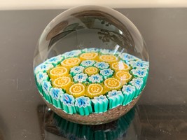 Vintage Millefiori Scrambled Cane Flowers Glass Paperweight - £116.89 GBP