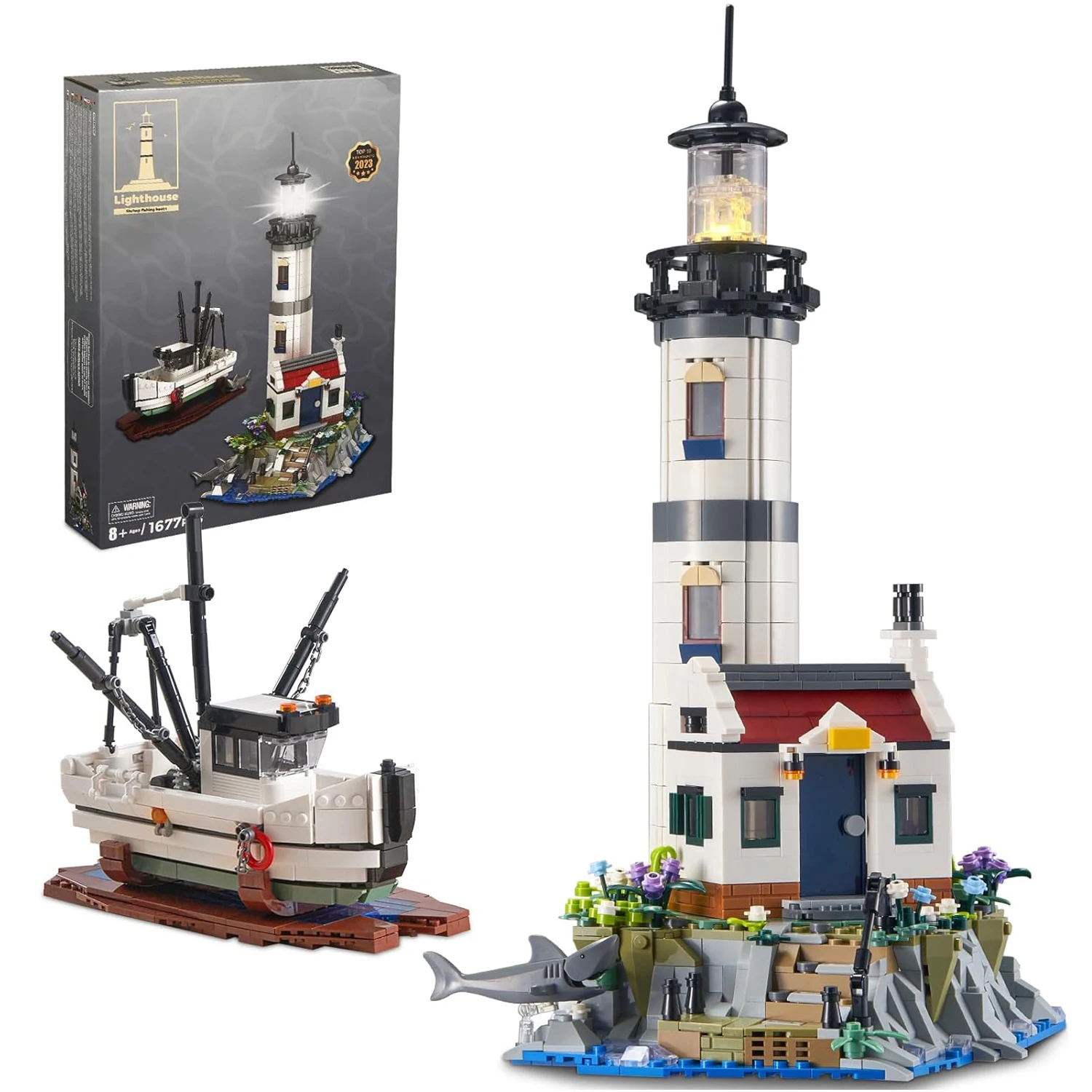 1677PCS Electric Lighthouse Building Blocks Fisherman Rescue Boats Lighthouse Mo - £55.96 GBP