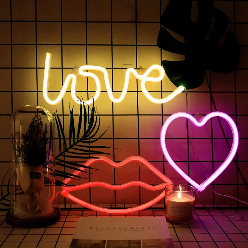 LED Neon Sign Camping Light Tent Night Light Heart Love Lips Wall Hanging for - £16.29 GBP