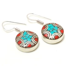 Turquoise Red Coral Bohemian Drop Dangle Jewelry Earrings Nepali 1.40" SA 3243 - $7.79